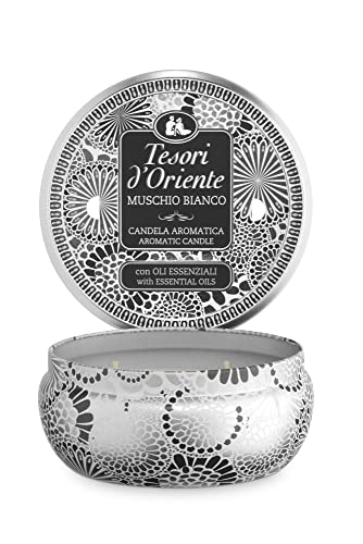 Tesori d'Oriente - Candela Profumata Muschio Bianco, dalle Note Muschiate e Ambrate, con Cere di Alta Qualità e Oli Essenziali, 2 Stoppini, 200gr