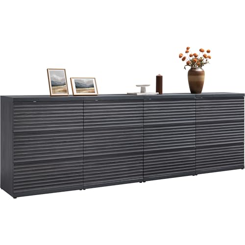 Image of SICOTAS Buffet Cabinet with Storage, Modern Accent Sideboard Credenza with 3 Larger Drawers, Fluted Media Console Mid Century Coffee Bar Table for Living Room Kitchen, Dark Grey Alder (4 PCS)