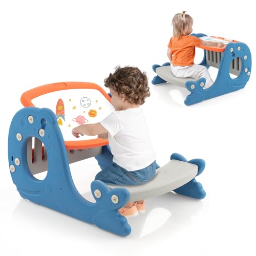 COSTWAY 4 en 1 Table Enfants en Forme Baleine avec Banc & Plateau Double Face, Chevalet Enfants avec Espace de Stockage, Angle Réglable 30°，Charge 25kg...