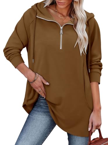 onlypuff Women Hoodie Pullover Trendy Quarter Zipper Lapel Sweatshirts Drawstring Cute Hooded Tunic Tops with Side Pockets