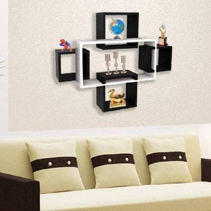 Extreme Wood Decorative Wall Mounted Shelving Unit | Stylish Intersecting Wooden Wall Rack Stand for Living Room, Bedroom & Office | Modern Home Decor Floating Wall Shelf with 5 Shelve (Black & White)