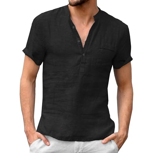 Men Half Button Thin Street Shirt Classic Stand Collar Simple Style T Shirts Summer Solid Front Pocket Daily Tops