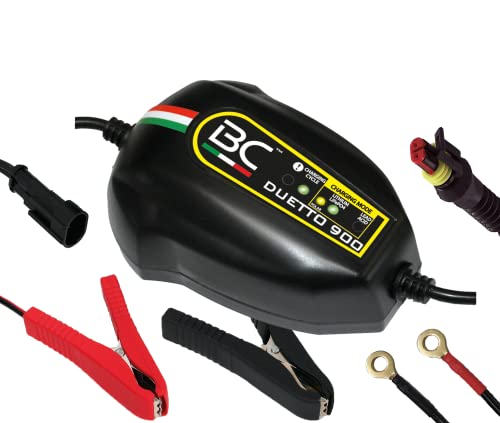 BC DUETTO 900, Caricabatterie e Mantenitore Intelligente 1 Amp per Batterie 12V Litio e 12V Piombo-Acido, adatto per Moto, Scooter, Quad, Motoslitte, Moto d'acqua e per tutte le batterie fino a 100Ah