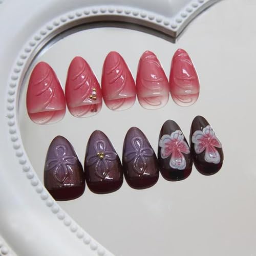 Image of Flower Press on Nails Short Almond Fake Nails Purple Pink Ombre False Nail with Embossment Design Pearl Glue on Nails Artificial Acrylic Nail Full Cover Stick on Nail for Women Manicure 24Pcs