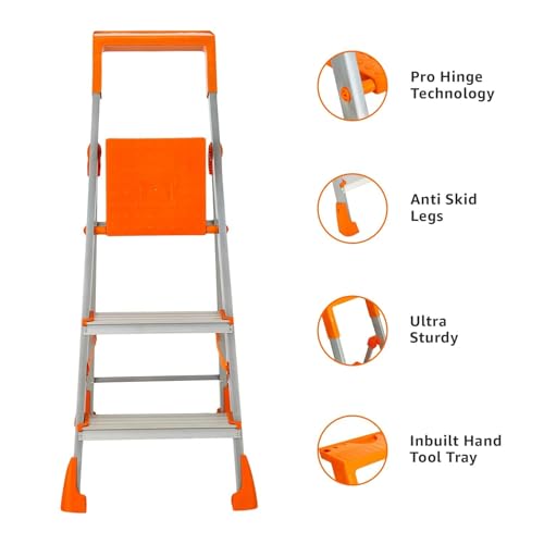 Image of Amazon Basics Clamber Pro+ - Foldable Step Ladder with Tool Tray, Firm Grip, 3 Steps (Aluminium Steps, Orange & Satin)