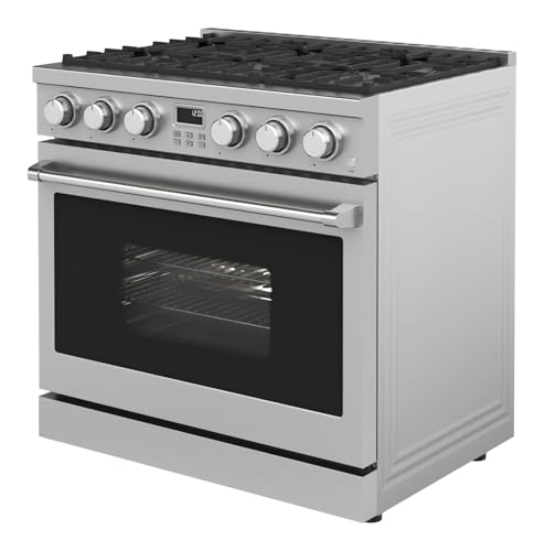36 Inch Gas Range with 6.0 Cu.Ft True Convection Oven - 6 Sealed Burners, 6 Functions, Heavy Duty Continuous Grates, Stainless Steel, Freestanding/Slide-In Installation, Silver