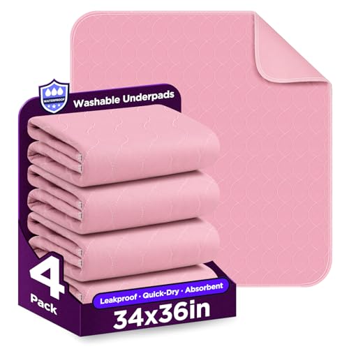 Image of Washable Bed Pads 34 inch x 36 inch - 4 Pack, Pink, Waterproof Bed Pads for Incontinence, Bed Wetting Pads for Bed, Sofa, Floor, Resuable Underpads for Adults, Seniors, Pet
