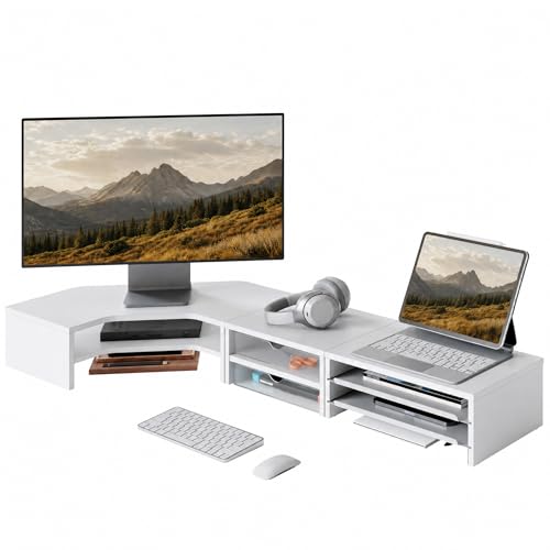 Image of Fenge 42.5Inch Corner Monitor Stand with Drawer, 3-Tier Monitor Riser with Slide-Out Tray