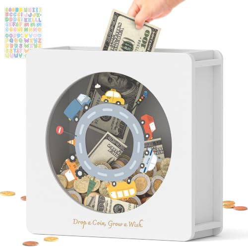Image of Summidate Wooden Money Saving Box, Clear Window Cash Vault Savings Box with DIY Stickers, Personalized Car Piggy Bank for Kids & Adults, Birthday /Baby Shower /Wedding Gift