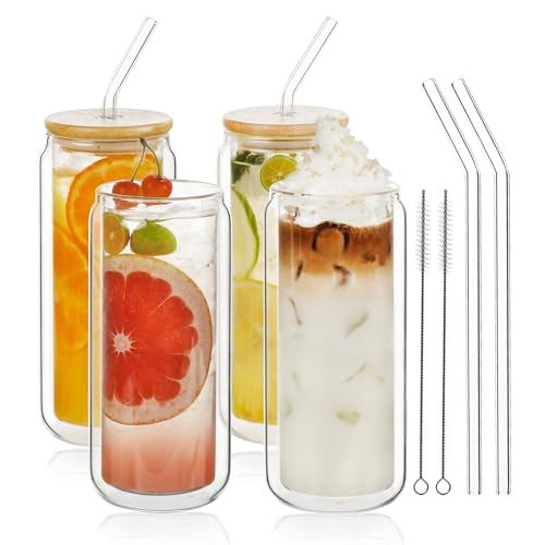 LIBWYS 16oz Double Wall Drinking Glass Cups with Bamboo Lids and Straws