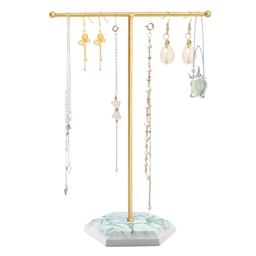 Oupdate Jewelry Stand Organiser Height 26cm T-Bar Jewellery Display Stand Necklace Holder with Marble Base Metal Necklace Display Holder for Necklaces, Bracelets, Rings, Earrings, and Watches