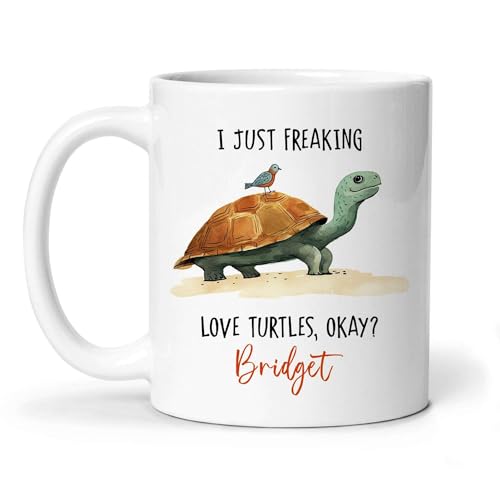 Personalized Funny Turtle Coffee Mug - Custom Name Mug with Cute Turtle and Bird Design - Gift for Turtle and Animal Lovers - Humorous Travel Cup - 'I Just Freaking Love Turtles, Okay?' Mug -  ELPSTORE