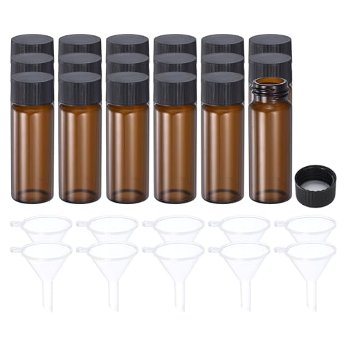 PATIKIL 30mL Glass Vials with Screw Caps, 18Pcs Liquid Sample Vial Storage with 10 Funnel for Essential Oil Liquid Sampling, Amber Black