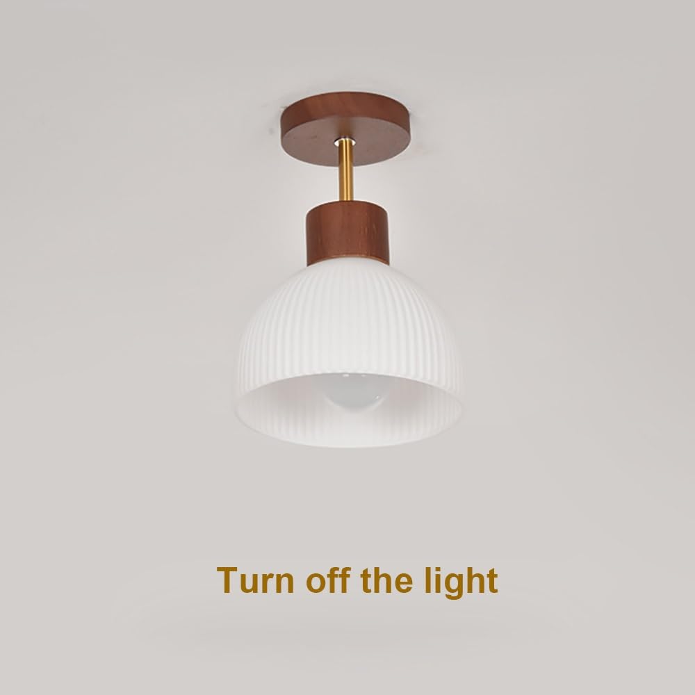Nordycka Lampy Sufitowa ze Szkła Ryflowanego, Plafon Półkulisty z Drewnem Mid Century Oświetlenie Sufitowe do Przedpokoju(Walnut)