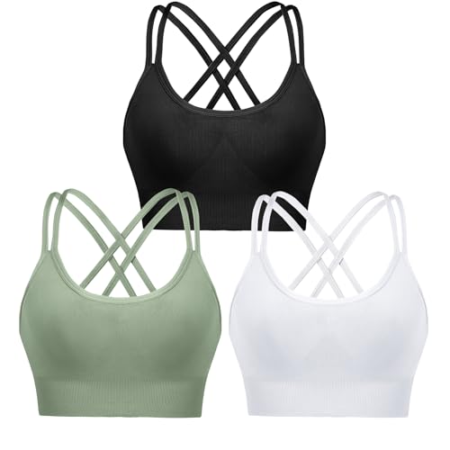 Leversic Sujetador Deportivo Mujer de Yoga Acolchado de Impacto Medio Top Corto con Espalda Cruzada y Tiras para Fitness Gimnasio (Negro+Blanco+Verde, M)