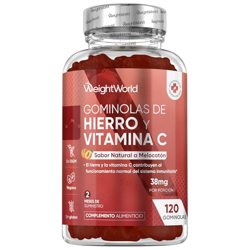 Gominolas de Hierro con Vitamina C 38mg - 120 Unidades, Sabor Natural a Melocotón - 28mg de Hierro para 2 Meses de Suministro, Vegano, Sin OGM, Sin Gluten y Keto