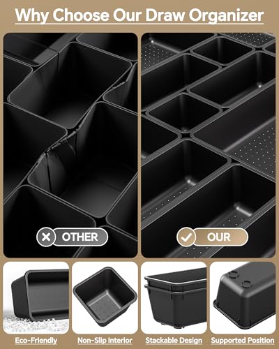 25 PCS Plastic Drawer Organizers Set, 4 Sizes Vanity Organizer, Makeup and Desk Drawer Organizer Trays, Organization and Storage for Makeup, Bathroom, Kitchen Utensils and Office (Black) - Image 5