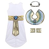 Ärmelloses Kleid, rundem Halsausschnitt, Schultern mit zwei langen Trägern wie ein Umhang befestigt sind. Die Taille ist mit einem breiten Goldgürtel verziert, der eine lange Lasche hat.