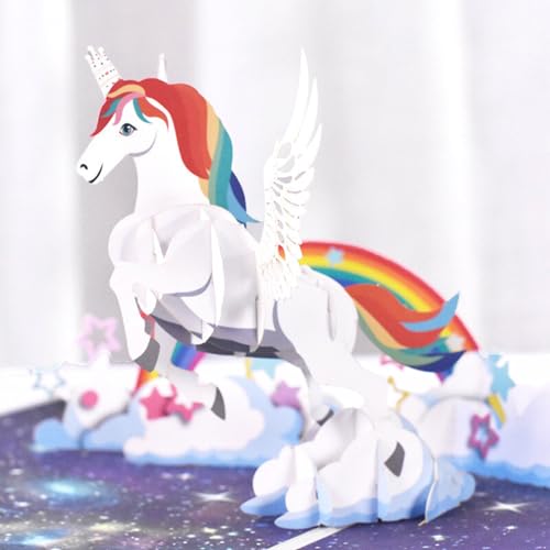 DORAFIORA® Pop-Up Karte Pegasus – 3D Klappkarte mit Regenbogen & Sternen | Magische Geburtstagskarte für Kinder & Erwachsene | Fantasievolle Grußkarte inkl. Umschlag