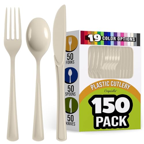 Ivory Plastic Silverware Heavy Duty 150 Pcs Ivory Plastic Cutlery...
