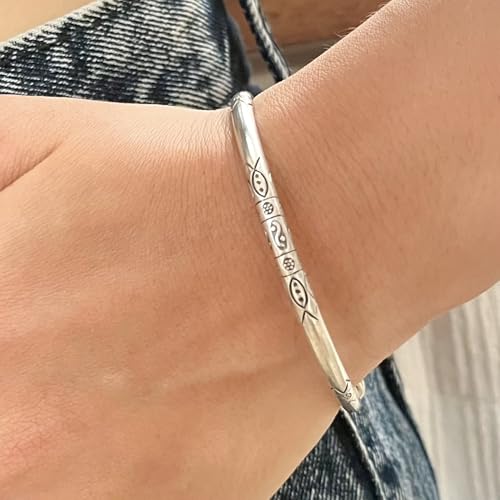 Sterling Silver Thick Solid Handmade Boho Bangle Bracelet, Adjustable to 7" - 8.5",With Symbolic Engravings, Ethnic Tribal Rounded Bracelet Bangle for Women or Men, Gift for Her or Him4