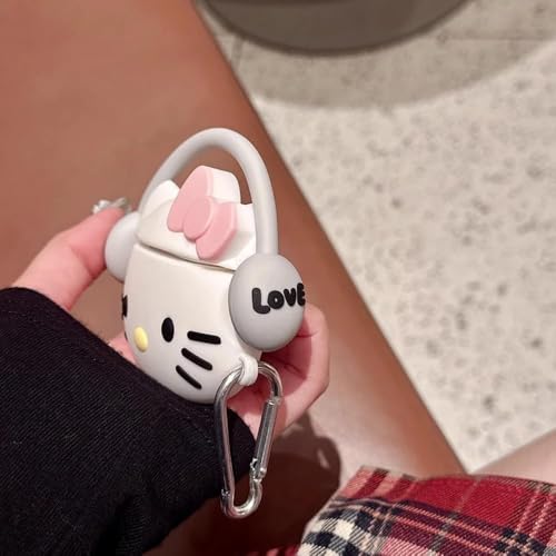 Image of Earphone Cover Compatible for Realme Buds T300, Soft Silicone Skin Shock-Absorbing Protective Case With Keychain (Front LED Visible) (White Kitty With Grey Band)