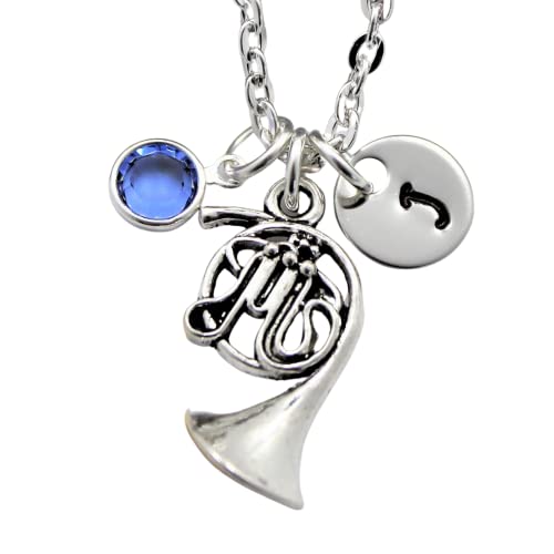 French Horn Necklace - Personalized Initial & Birthstone - French Horn Jewelry