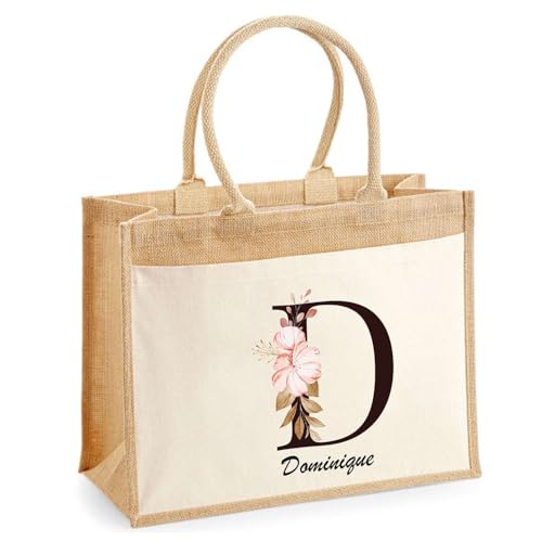 Cabas jute avec poche Dominique Lettre I pour le shopping quotidien