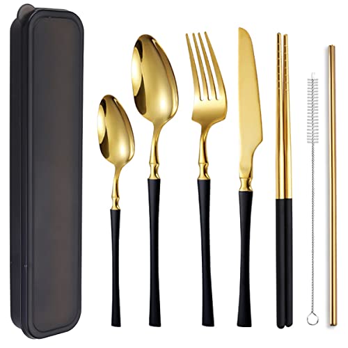 AARAINBOW 7 Pieces Stainless Steel Flatware Set Portable Reusable Cutlery Set Travel Utensils Set Including Chopsticks Knife Fork Spoon Straws Cleaning Brush Dishwasher Safe (B-Black Golden)