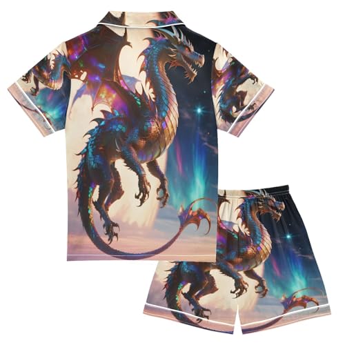 Satin Pajama Sets Short Sleeve Dragon Soars Against Starry Sky Button Down Silky Nightwear 2 Piece PJS 5-14Y2