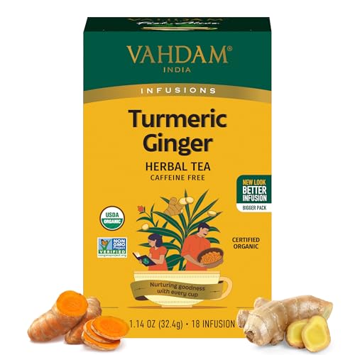 VAHDAM, Organic Turmeric Ginger Herbal Tea Bags (18 Count) Caffeine Free, Gluten Free | 100% Pure Herbal Blend - Earthy & Savory | Eco-Friendly Individually Wrapped Tea Bags | Direct from Source