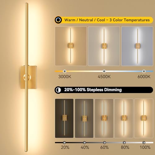 Image of Ouyulong Battery Operated Wall Sconces Set of 2, 10000mAh Wireless Rechargeable 3000-6000K Dimmable 350 Rotate Wall Light with Remote for Living Room, Bedroom 31.6in Gold