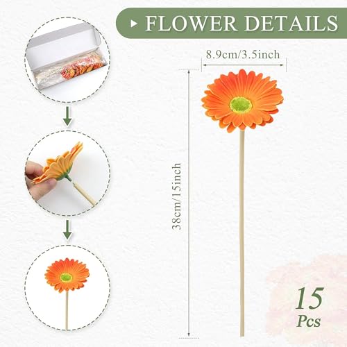 Image of CURATED CART Gerbera Daisy Flowers - Pack of 5 Orange Faux Blooms, 30cm Tall | Real Touch PU Petals with Bendable Green Stems | Artificial Flower Bouquet for Home, Kitchen, Office (Orange) (No Vase)