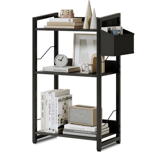 XIV Bookshelf, 3 Tier Industrial Bookshelf, Metal Small Bookcase, Rustic Etagere Book Shelf Storage Organizer Display Rack for Home Office, Living Room, and Bedroom (Black, 3 Tier)
