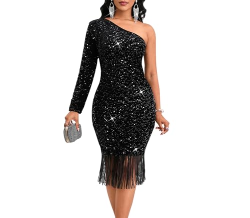Women Sexy Sequin One Shoulder Long Sleeve Tassel Hem Bodycon Midi Dress Party Cocktail Dress