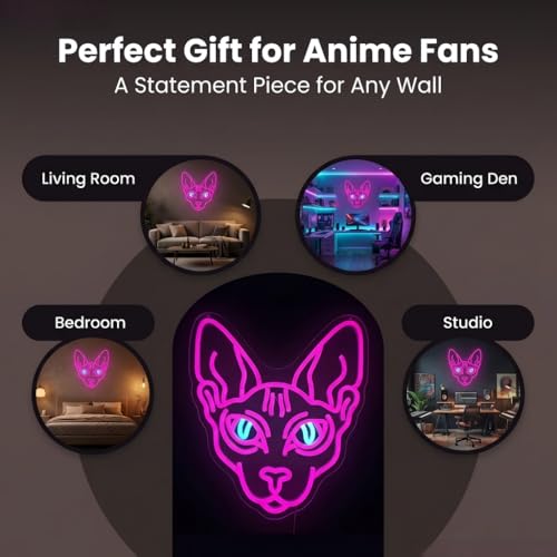 Image of Sphynx Cat Neon Sign - 14.1 inch x 12.6 inch Purple & Pink LED Wall Art, Cyberpunk Hairless Cat Light for Gamer Room, Anime Fan Decor, Manga Style Night Light