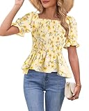Womens Puff Short Sleeve Babydoll Tops Floral Summer Peplum Blouse Smocked Square Neck Loose Fit Ruffle Dressy Tee Shirts Yellow