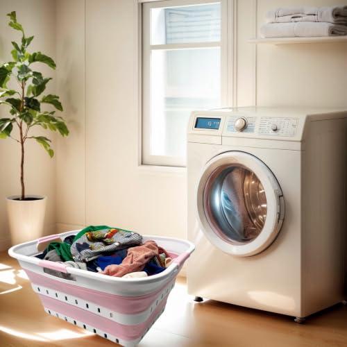Image of SAMMART 42 (11 Gallons) Collapsible Plastic Laundry Basket, Foldable Pop Up Storage Container /Organizer, Space Saving Hamper, Portable Bin for Dorm Room Bathroom (1, White /Cherry Pink)
