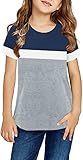 Ebifin Girls Casual Short/Long Sleeve T Shirts Kids Loose Soft Striped Color Block Tunic Tops, Tees Blouses Size 4-15 Years
