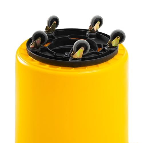 PRO&Family Commercial Round Trash Can with Lid and Dolly Rolling Waste Container, Ingredient Bin, Heavy-Duty Plastic, Anti-Static, Kitchen, Office, Outdoor Use (Yellow, 55 Gallon)