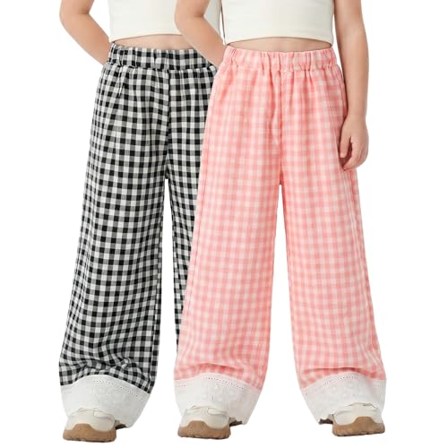 Image of Miipat Toddler Girls Wide Leg Pants Elastic Waist 2 Pack Gingham Pants Girls Loose Checkered Plaid Lace Bottoms