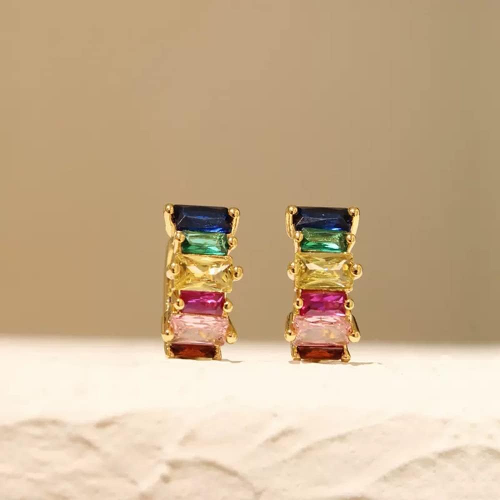 Dainty Chunky Rainbow Cubic Zirconia 14K Gold Plated Small Cartilage Cuff Hoop Earrings for Women Teen Girls Fashion 925 Sterling Silver Post Multicolored CZ Tiny Round Circle Sleeper Tragus Thick - Image 3