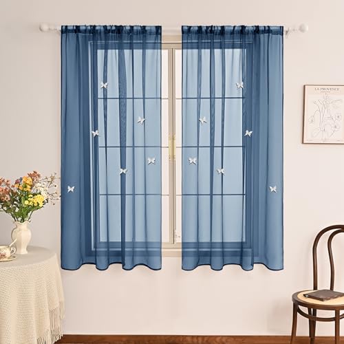 BOYOUTH Lot de 6 voilages élégants de couleur unie avec motif papillon blanc et passe-tringle pour chambre à coucher, salon, hôtel, 99 x 139 cm, bleu marine