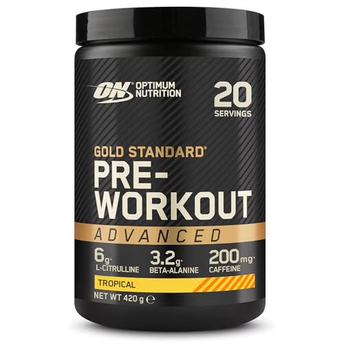 Optimum Nutrition Gold Standard Advanced Pre Workout en poudre, Booster d'énergie avec l-Citrulline, Beta-alanine, Caféine et Vitamines B12 et B6, Goût Tropical, 20 Portions, 420 g