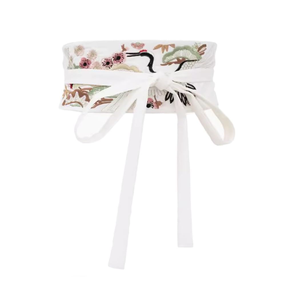 Générique Ceinture Large Brodée De Fleurs, Tour De Taille Ajustable De 62 à 80 Cm, Cordon De Serrage Confortable en Tissu De Costume (White Style a One Size)