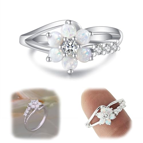 LARDROK Exquisite Round Cut White Created-Opal Stone Flower Created Opal Rings Women Jewelry Birthday Proposal Gift Bridal Engagement Party Band Rings