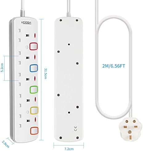 2M 5 Way/5 Gang Extension Lead Individually Switched with Indicator Light,13Amp UK Plug Power Extension by Mscien