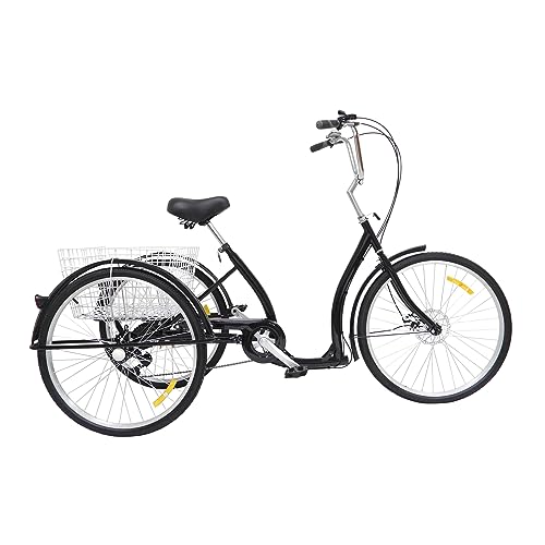 Fetcoi 26 Zoll 6 Gang Dreirad Für Erwachsene, Schwarz Fahrrad 3 Räder Erwachsenendreirad Mit Korb,...