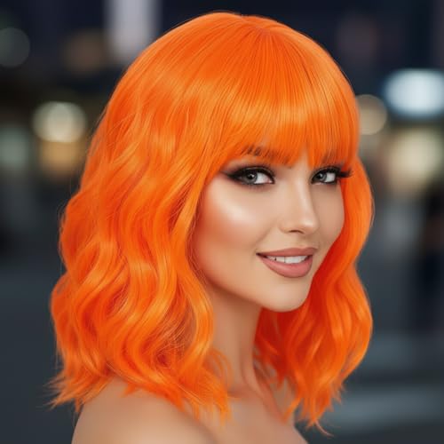 Image of AGO Orange Wig with Bangs Ginger Wigs Short Wavy Hair for Women Colorful Costume Wig Heat Resistant Fiber Wigs for Daily Party Halloween Cosplay Use(TF2202#Orange)