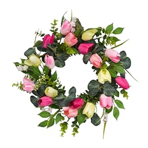 22 Tulip Wreath for Front Door Spring Summer Floral Wreath with Eucalyptus Leaves Money Plant Ferns for Indoor Outdoor Wall Festival Home Farmhouse Wedding Easter Home Decor